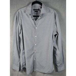 John Varvatos Men Blue Black Check 15 1/2 34-35 Regular Button Up Shirt Stretch